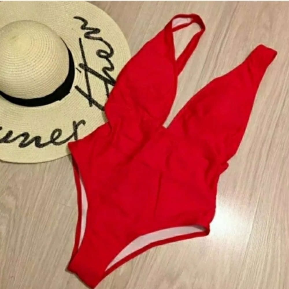 New Red V-neck low Back One Piece Swimsuit Size L - Picture 7 of 7